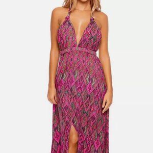 Luli Fama Vamos A Cabos Deep Plunge along Maxi Halter Dress Size M Multicolor